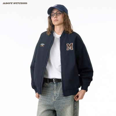 ASOT 刺绣夹克 春秋中性风cozyfit日系无性别宽松休闲棒球领外套