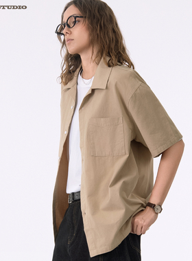 ASOT 古巴领纯色短袖衬衫cozyfit夏季日系宽松休闲中性风简约衬衣