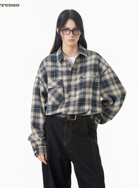 ASOT美式复古刺绣字母撞色格子长袖衬衫男女cozyfit宽松休闲上衣