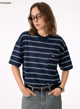 ASOT条纹短袖T恤 夏季cozyfit中性风宽松休闲男女半袖日系复古