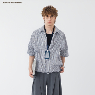 ASOT 美式复古格纹短袖衬衫外套男宽松翻领抽绳松弛感通勤穿搭