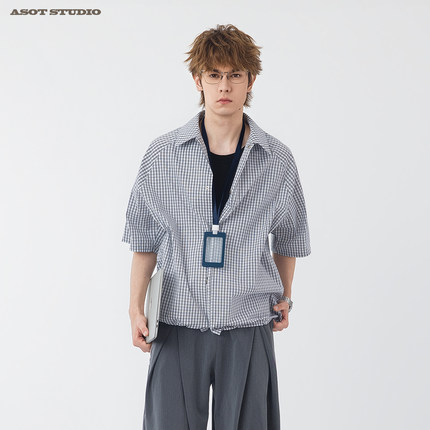 ASOT 美式复古格纹短袖衬衫外套男宽松翻领抽绳松弛感通勤穿搭