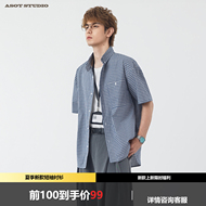 ASOT 复古蓝色格子短袖衬衫男夏季微宽松落肩穿搭通勤休闲衬衣女