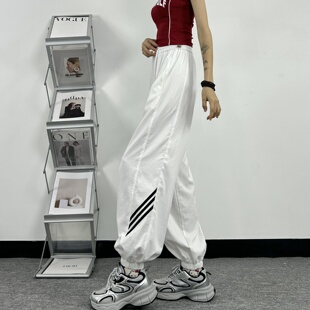 白色冰丝运动裤女夏季薄款180高个子175加长速干高腰宽松束脚卫裤