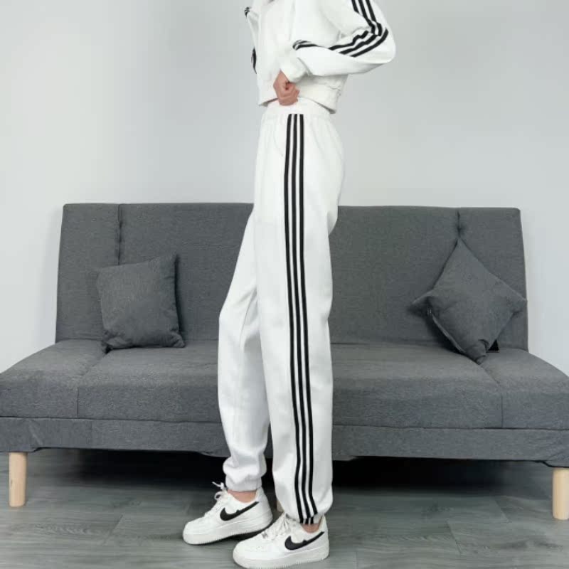 白色条纹运动裤女2024春秋新款高个子宽松休闲束脚加绒加长版卫裤