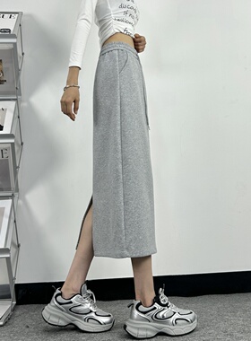 灰色后开叉半身裙女高个子175加长版A字裙春秋休闲伞裙加绒厚裙子