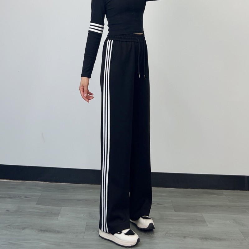 加长休闲阔腿裤女秋冬加绒175高个子高腰三条杠显瘦拖地运动裤子