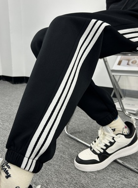 高个子175加长黑色三条杠运动裤女春秋冬加绒束脚裤宽松休闲卫裤