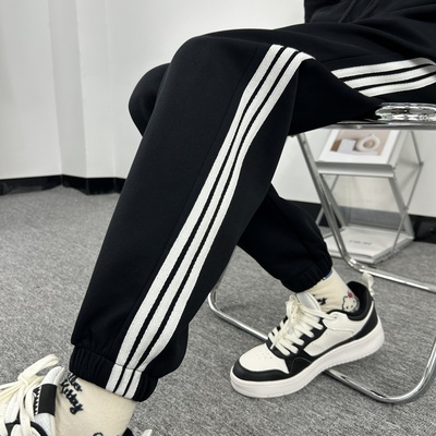高个子175加长黑色三条杠运动裤女春秋冬加绒束脚裤宽松休闲卫裤
