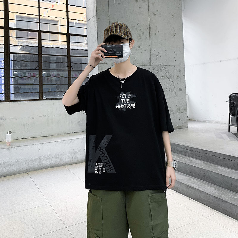 港風棉圓領下擺大字母印花恤短袖五分半袖夏季打底衫