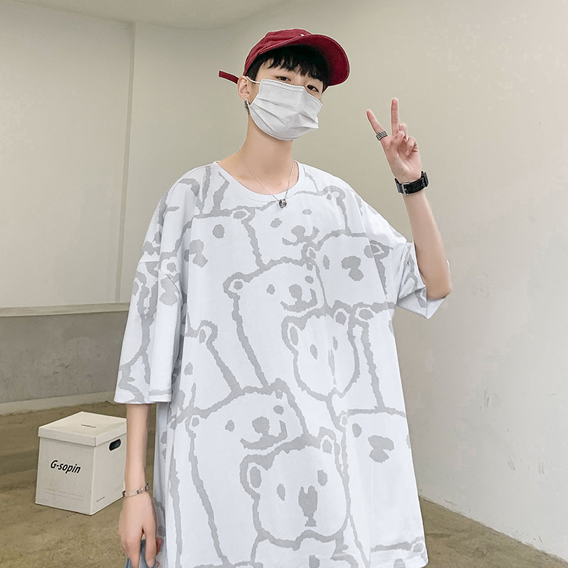 港風棉圓領大圖案卡通印花恤短袖五分半袖夏季打底衫