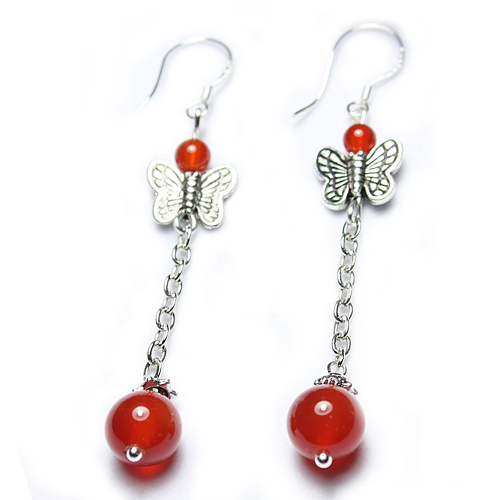 正品 天然红玛瑙耳坠 红玛瑙耳线 红玛瑙耳饰 藏银蝴蝶 925银耳钩