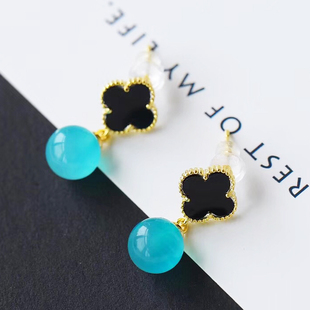 精品天然天河石耳钉 925银四叶草耳钉耳针 高冰果冻体柔润天河石