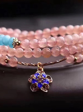 天然草莓晶手链 烤兰花925银管配多3圈天然草莓石手串