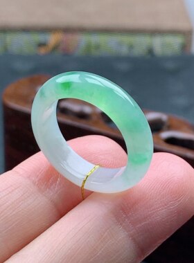 14号缅甸天然A货翡翠 T864 内径17.3/5.2/3mm 冰胶飘绿戒指半山水