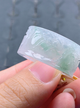 25-26号缅甸天然A货翡翠 内径21.3mm 飘绿山水扳指戒指雕刻 T412