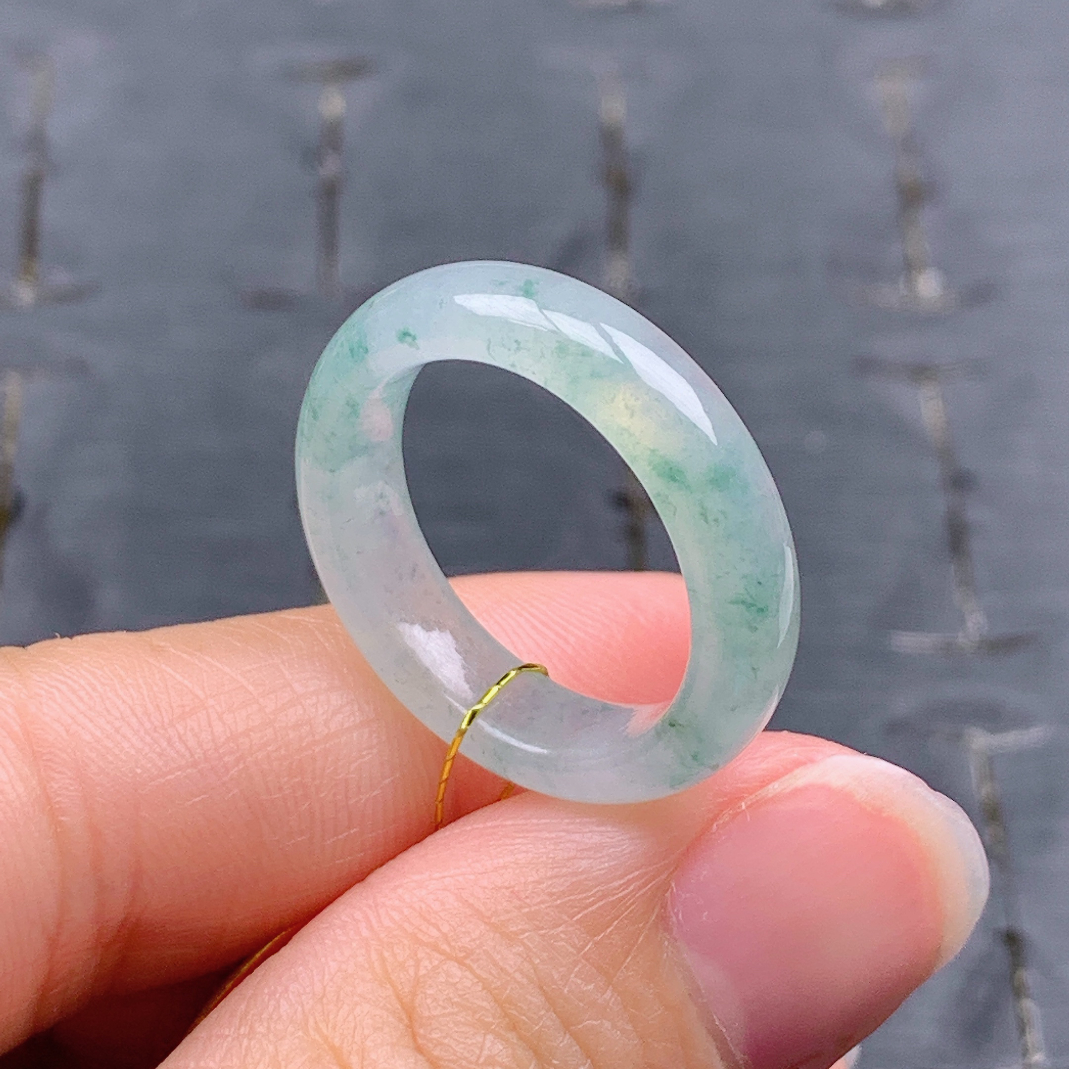 16号缅甸天然A货翡翠T652 内径17.7/5/3.3mm冰透起胶飘花戒指指环