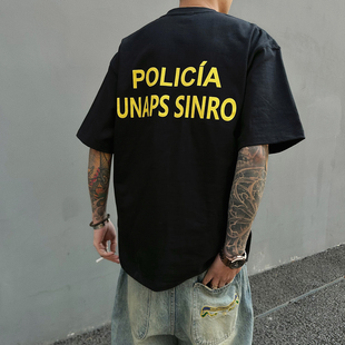 UNAPS夏季重磅300克美式刺绣印花督察宽松短袖T恤男女纯棉半袖tee