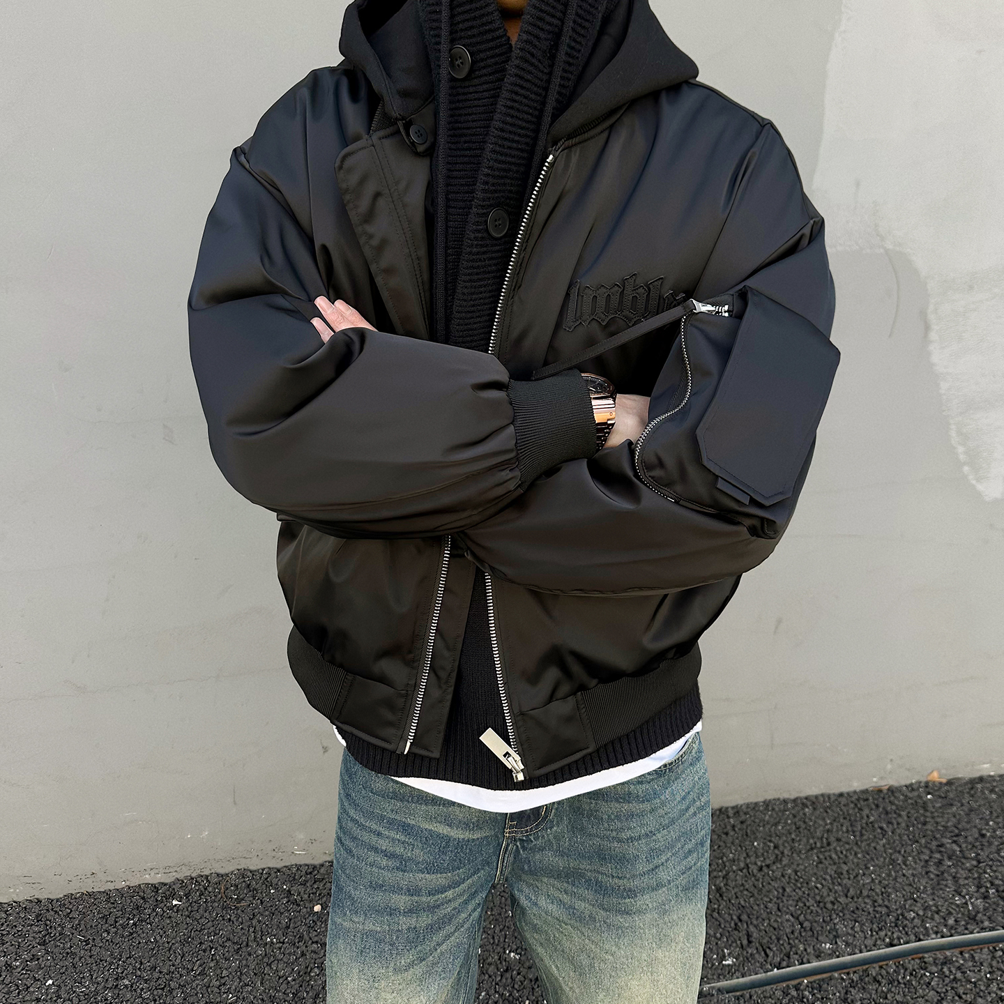 可卸连帽白鸭绒飞行员工装羽绒服