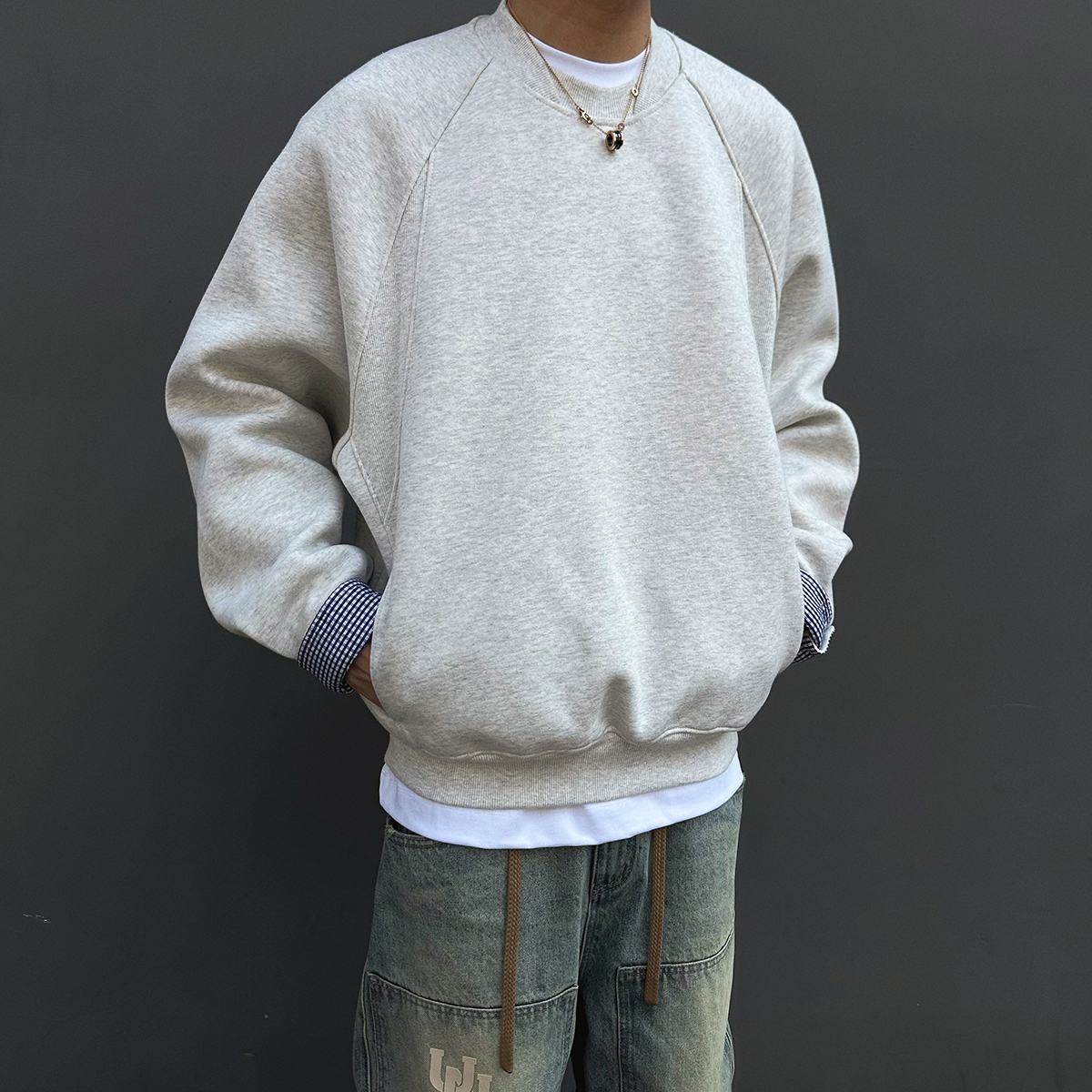 boxy格子拼接500克短款情侣卫衣