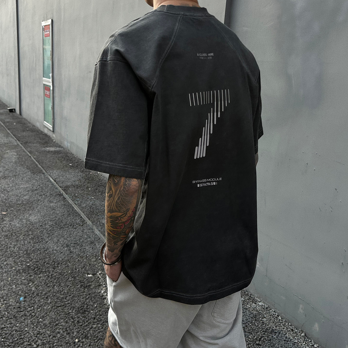 拼接水洗灰宽松短袖T恤男女纯棉