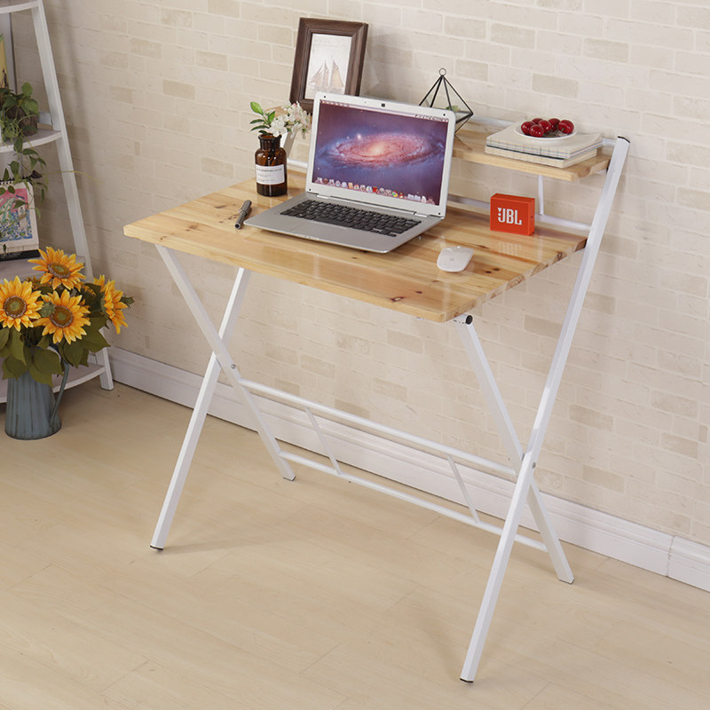 全实木免安装可折叠桌笔记本台式电脑桌书架置物架写字办公书桌