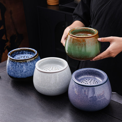 窑变陶瓷茶渣缸带过滤盖