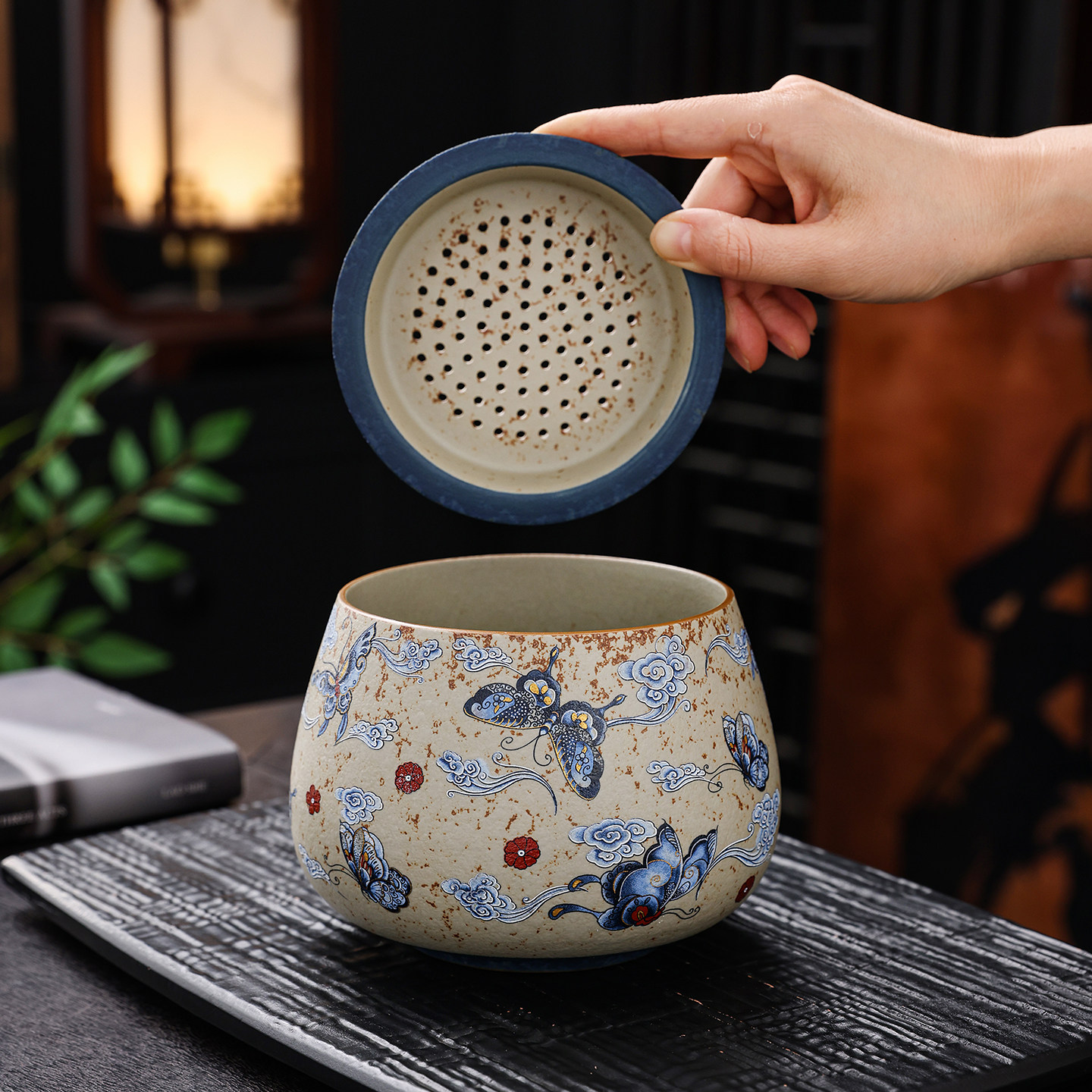 火石红中式高端茶渣缸带过滤盖