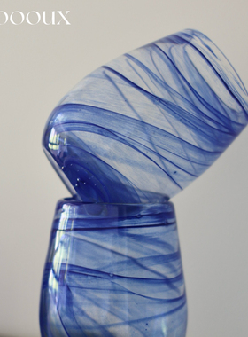 Adoooux孤品手工Vintage中古蓝色缠丝水墨花瓶玻璃蛋形杯水杯果汁