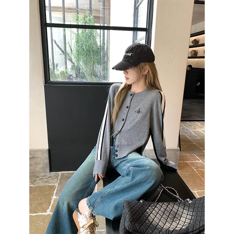 wangking  圆领撞色单排扣毛衣开衫2024初秋薄款高级设计针织外套