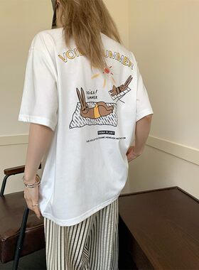 wangking 两色100%棉印花圆领短袖女夏季宽松显瘦百搭纯棉t恤上衣