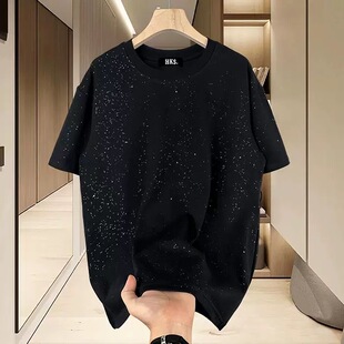 2026夏季新款短袖T恤男美式潮牌高端休闲满天星空亮片圆领T恤ins