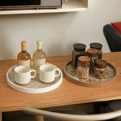 Vintage Round Wooden Serving Tray Decorative Space Saving