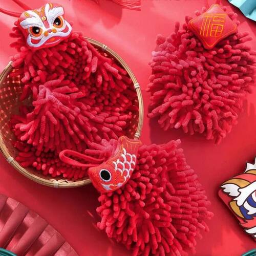 Festive Red Hand Towel with Lion Dance Print – Cultural