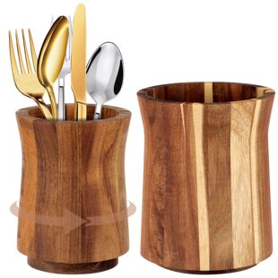 Holder Utensil Wood Cutlery Rotating Kitchen 360° Acacia