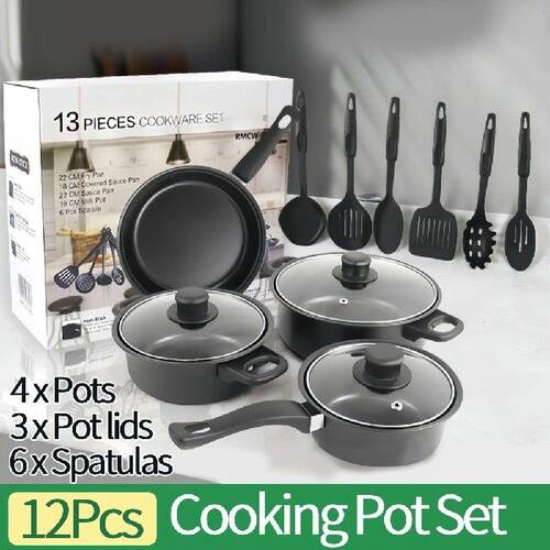 12Pcs Non-Stick Cookware Set Deep Frying Pan with Lid Milk