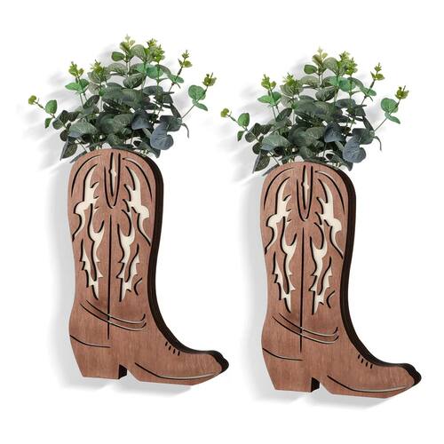 Wooden Cowboy Boot Dried Flower Plant Shelf Wall Hanging