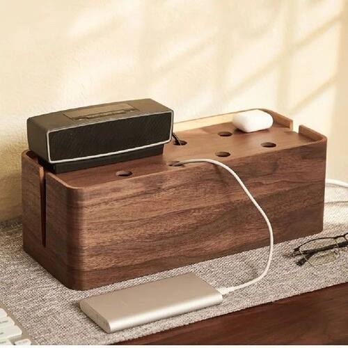Wooden Cable Management Box with Top Shelf Solid Wood Cord