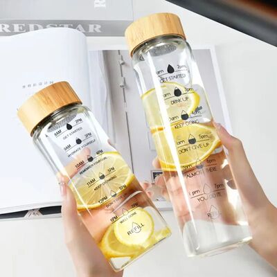 1000ml Bamboo Wood Lid Time Marker Borosilicate Glass