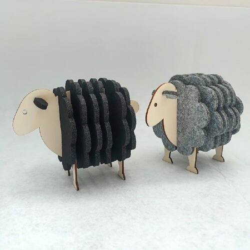 Sheep Shaped Felt Coaster Set with Wooden Stand Cute