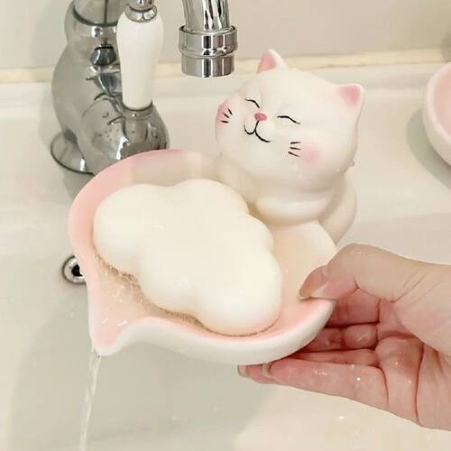 Cute Cat Ceramic Soap Dish with Drain Hole Pink Kitty