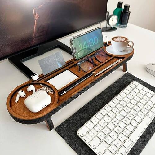 Wooden Desk Organizer With Elevated Stand,