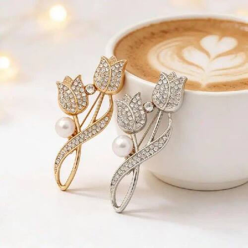 Elegant Double Tulip Flower Brooch Rhinestone Pearl For