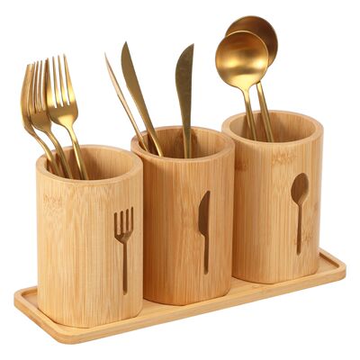 3 Pcs Bamboo Utensil Holder with Tray Cutlery Containers