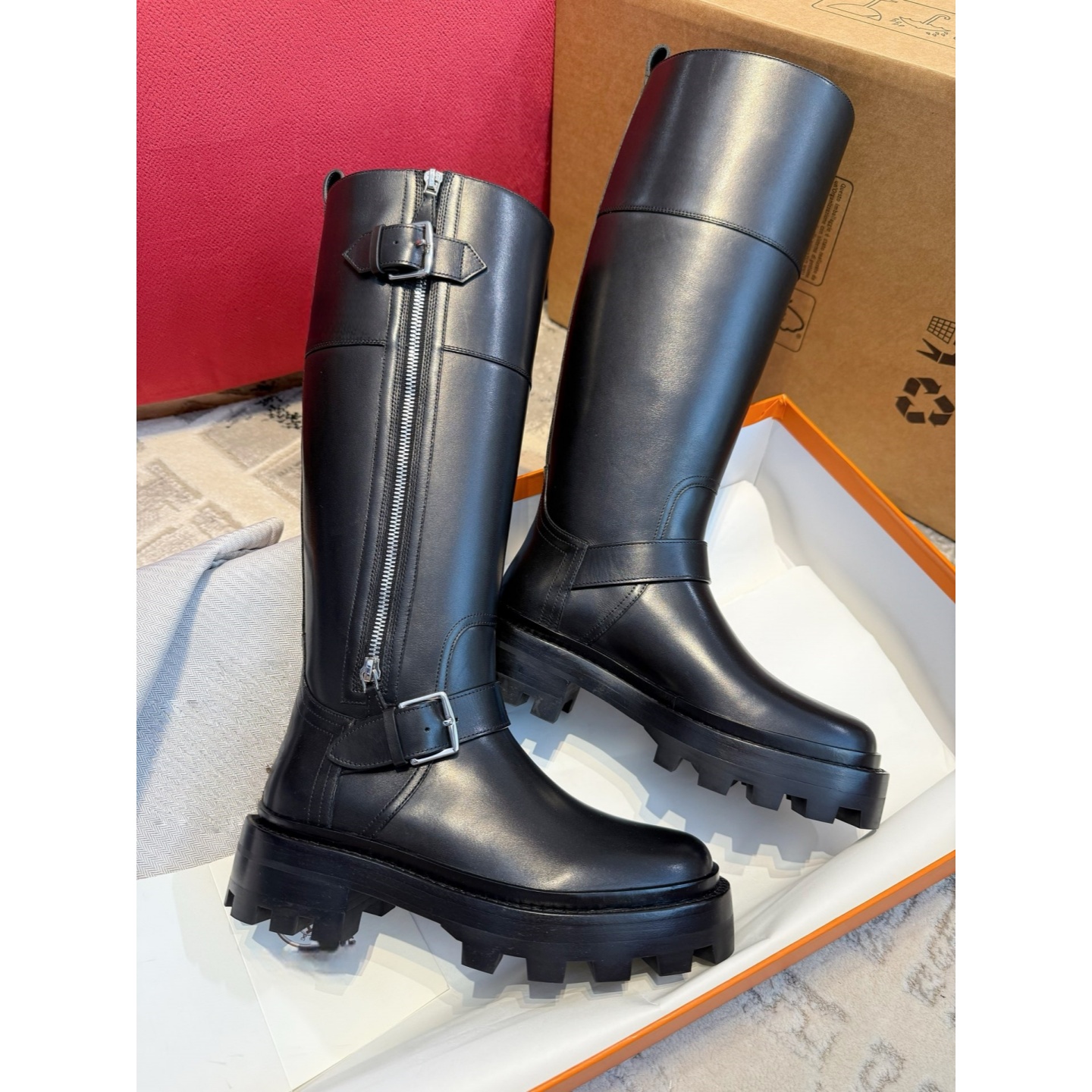 英伦风黑色厚底增高长靴女骑士靴