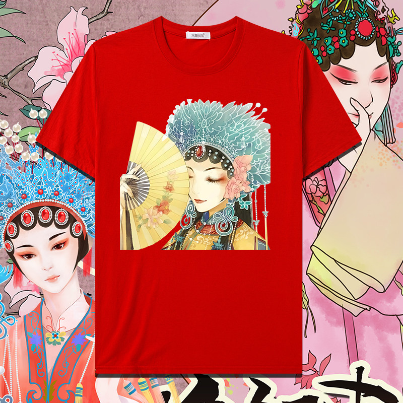 纯棉短袖半袖京剧脸谱宽松圆领国潮印花T恤上衣男女学生夏装创意
