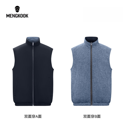 MENGKOOK男士双面穿马甲外套锦纶纺华达呢面料立领款休闲马甲6005