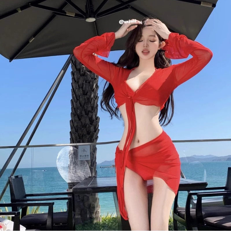 泳衣女比基尼性感四件套韩版ins纯欲风少女度假泳装红色温泉辣妹