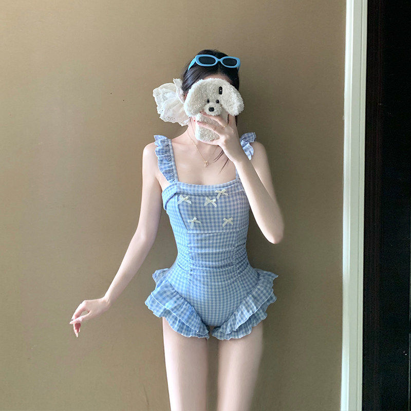 连体泳衣女甜美少女格子蝴蝶结