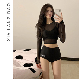 保守學(xué)生高腰顯瘦韓版 新款 夏季 三件套分體泳衣女性感長袖 比基尼